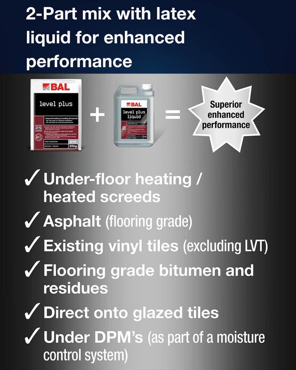 BALtiling's tweet image. With BAL Level Plus, choose the performance you need.

Use as a 1-part with water over common substrates or as a 2-part with BAL Level Plus Liquid latex for enhanced performance over more problematic substrates. 👌

bal-adhesives.com/products/bal-l…

 #LevelPlus #FloorLevelling #Tiling
