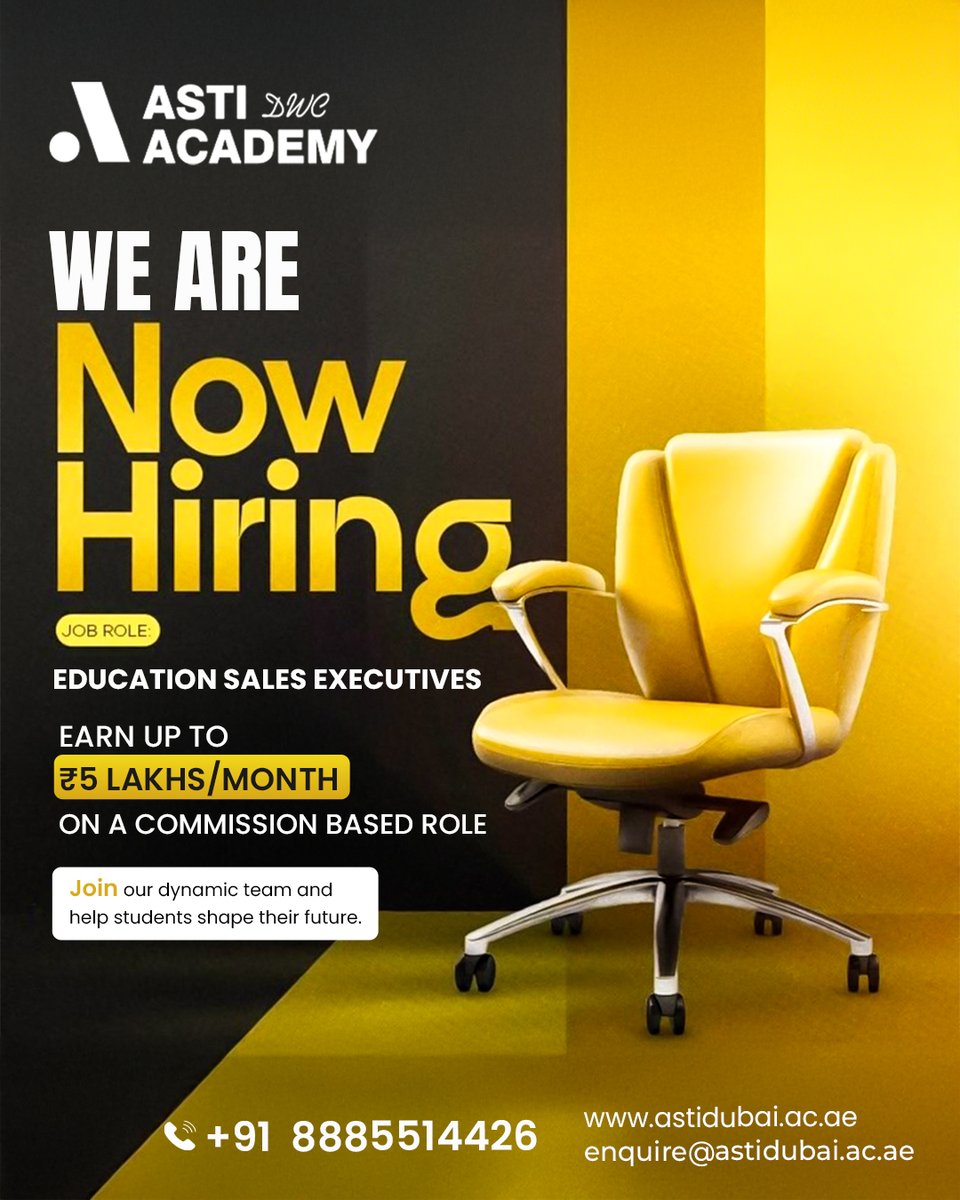 Astidwc's tweet image. We’re Hiring!
Join ASTI Academy as an Education Sales Executive.
Passionate about sales &amp;amp; education? Let’s talk!
📞 +91 8885514426
🌐 astidubai.ac.ae
#Hiring #SalesJobs #EducationJobs #CareerOpportunity #ASTIAcademy