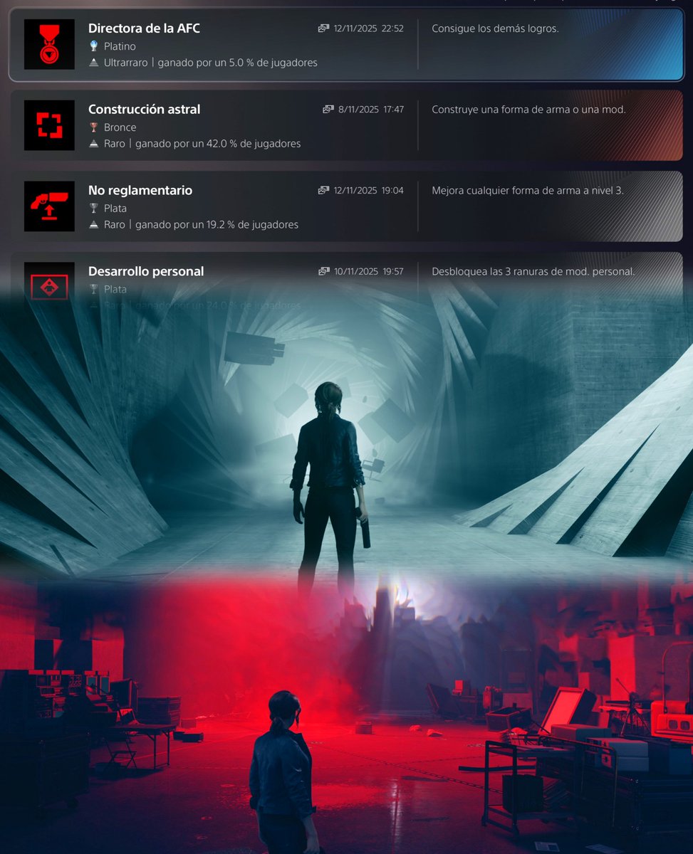 kikegames97's tweet image. PLATINO 🏆 #630
CONTROL: DEFINITIVE EDITION 🗄️📇

Seguimos con las versiones americanas de platinos reviviendo este juegazo.

Deseando que salga su secuela, mientras tanto, la siguiente parada es repetir el gran ALAN WAKE 2

Disponible en @PSPlusES 💙

#PlayStationTrophy