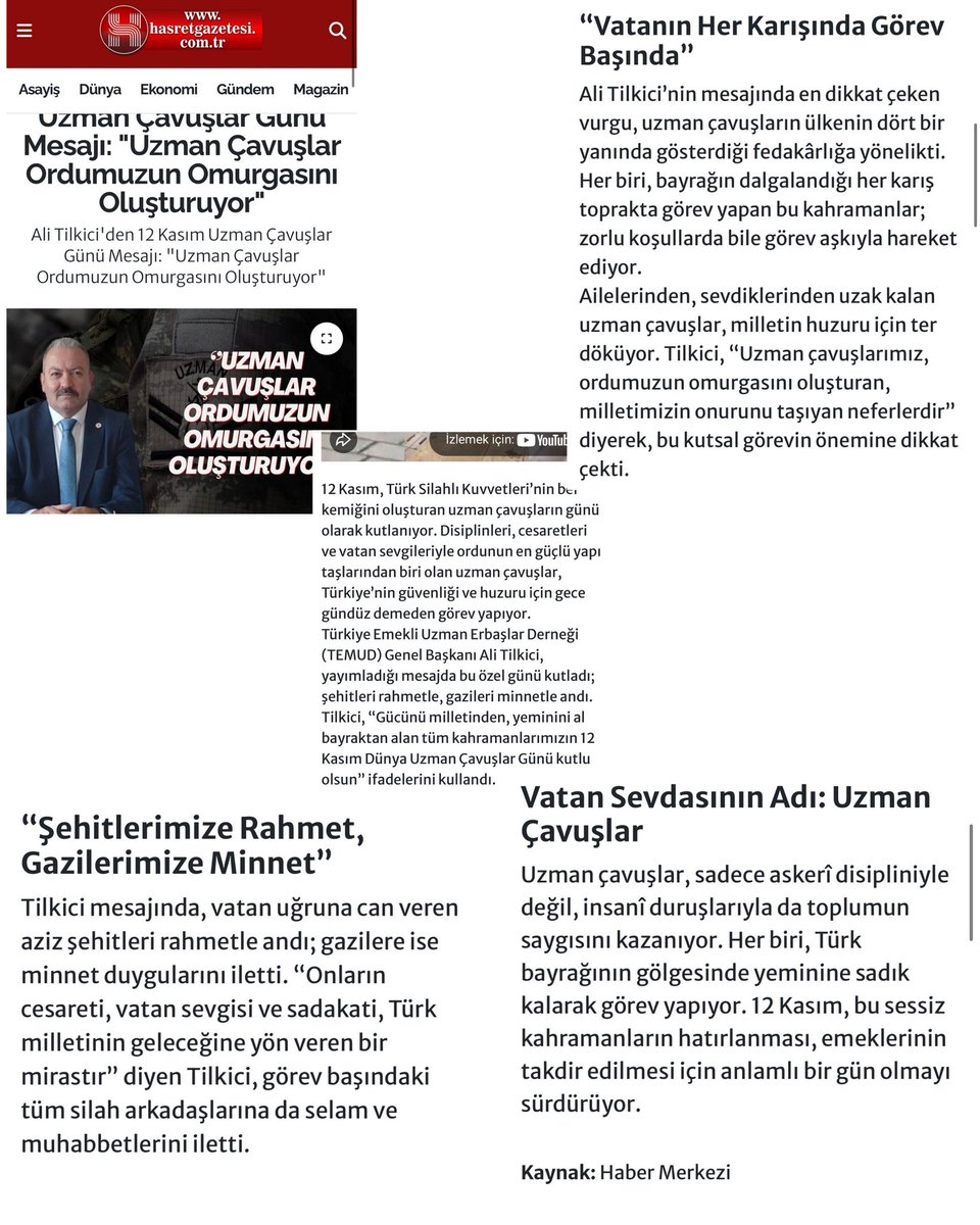 12 Kasım #UzmanÇavuşlarGünü’ne özel yayımladığı “Uzman Çavuşlar Ordumuzun Omurgasını Oluşturuyor” başlıklı videolu haber için Hasret Gazetesi’ne ve emeği geçen Editör Kübra Nur Daban’a teşekkür ederiz.

Kahramanlarımızın sesi olduğunuz için minnettarız. 🇹🇷
