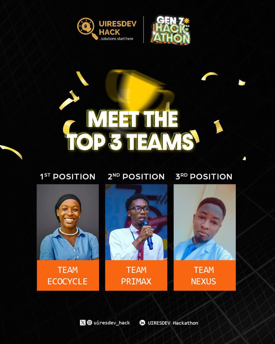uiresdev_hack's tweet photo. Meet the top three teams whose brilliance stole the show!
Your innovation, grit, and problem-solving energy have made the University of Ibadan incredibly proud.

Keep disrupting, keep creating, and keep shaping the future. 🌟

#GenZHackathon #SocietalChangeThroughInnovation https://t.co/BXIeUm8Y7g