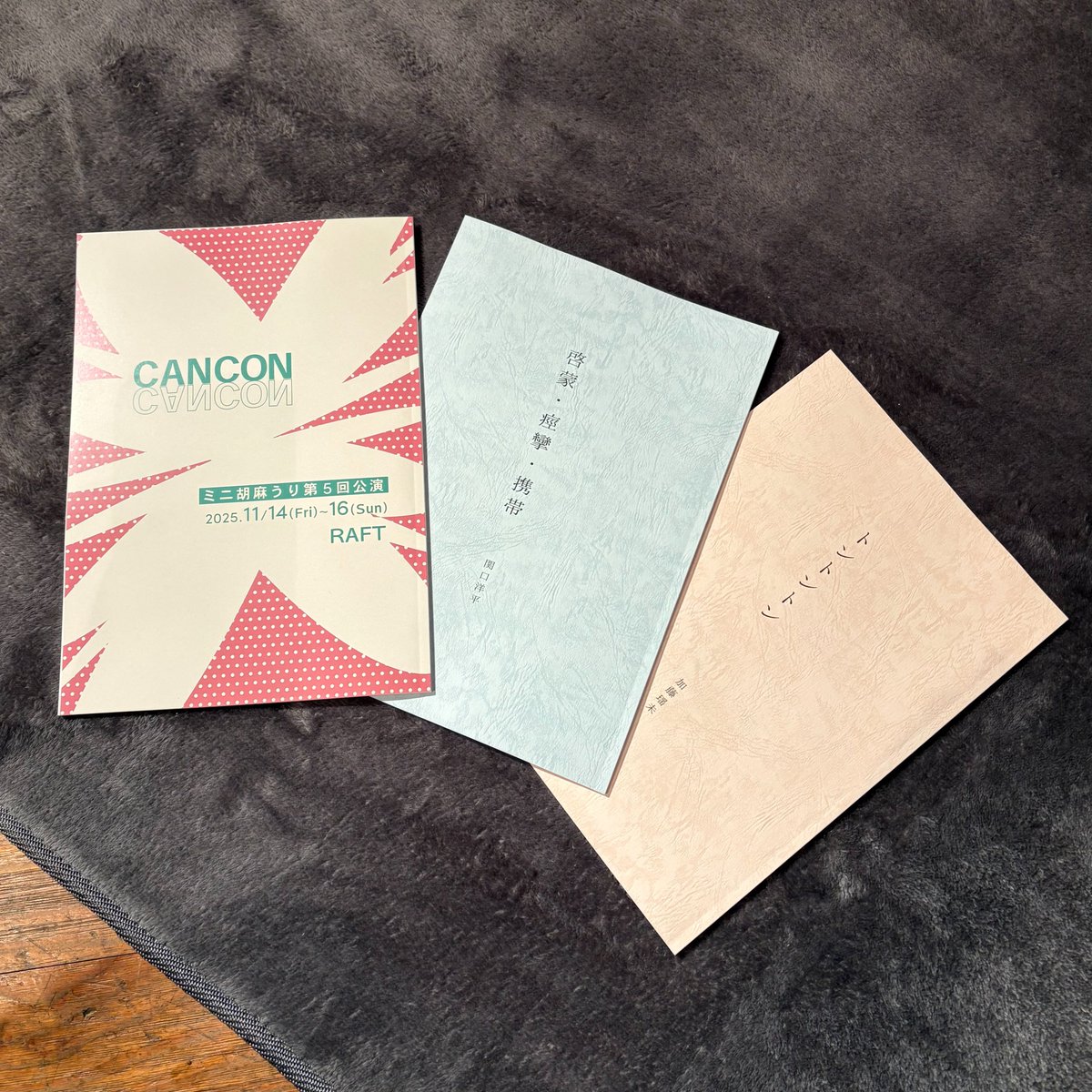 ◤『CAN CON』上演台本の販売◢

終演後、上演台本を販売いたします。
1部1,000円です。この機会にぜひお買い求めください🛒

また、第4回公演『いまここであがいてる』より、『トントントン』、『啓蒙・痙攣・携帯』の上演台本も販売いたします📖