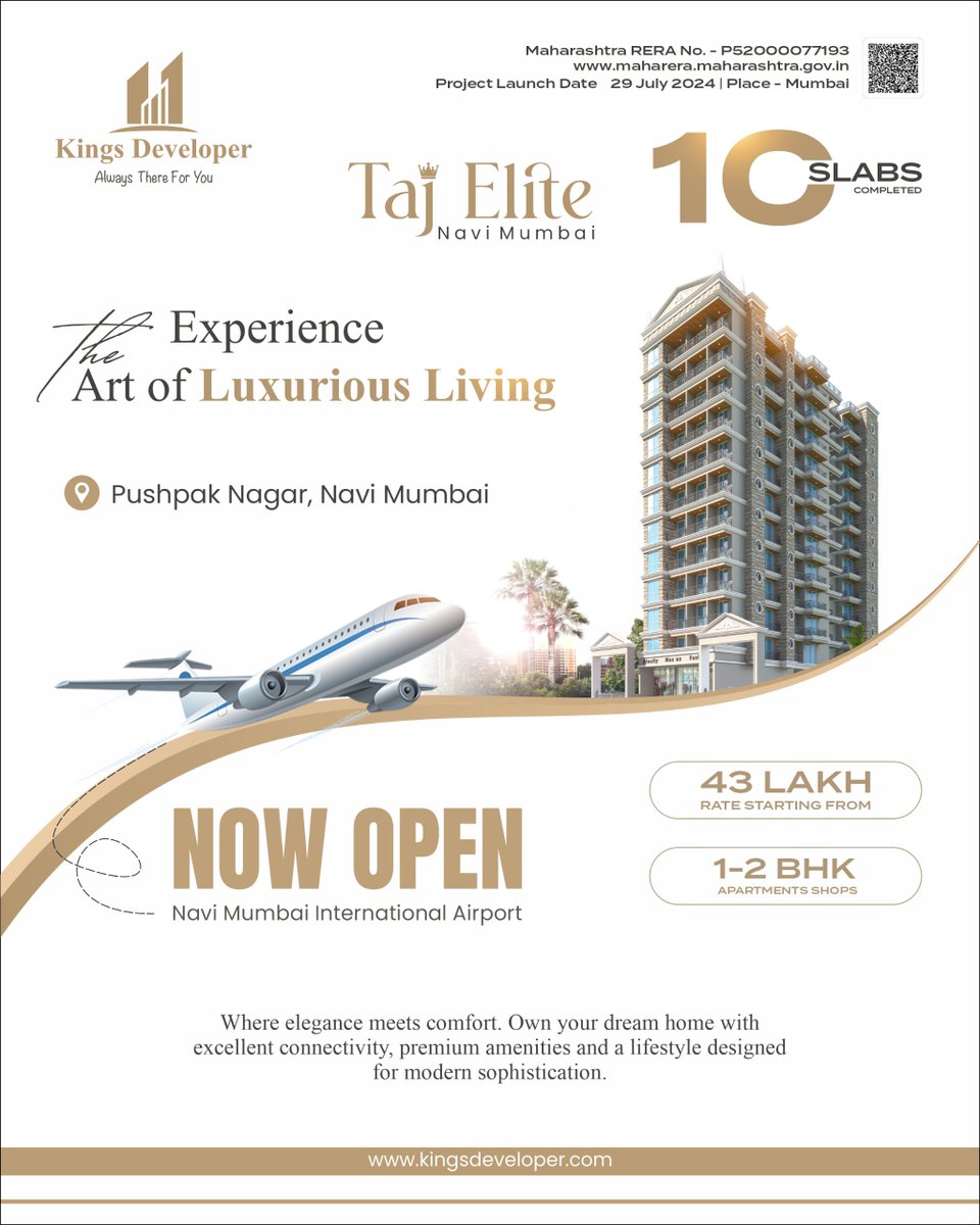 developer_kings's tweet image. ✨ Elevate your lifestyle at #TajElite – Where luxury meets convenience!
🏡 1 &amp;amp; 2 BHK homes starting at just ₹43 Lakh* 🛫 Minutes from Navi Mumbai International Airport 🏗 10 slabs completed | Ready to move in soon!
Your dream home awaits in Pushpak Nagar,