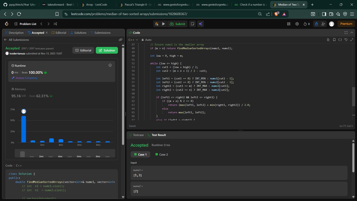 icodertanuz1's tweet image. 💻 Day 17 of #180DaysOfCode
Solved Find Median of Two Sorted Arrays (LeetCode 4) 📊
Learned the binary search approach for finding the median efficiently 💡
Thanks to @CoderArmy and Rohit Negi Bhaiya 🙌
#180DaysOfCode #LeetCode #DSA #Cplusplus #CodingJourney