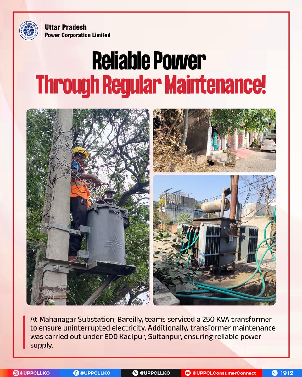 UPPCLLKO's tweet image. From transformer maintenance to clearing line obstructions, our teams are continuously working to ensure safe and uninterrupted power for all.

#UPPCL #MaintenanceWork #ReliablePower
@CMOfficeUP
@EMofficeUP
@aksharmaBharat
@mduppcl