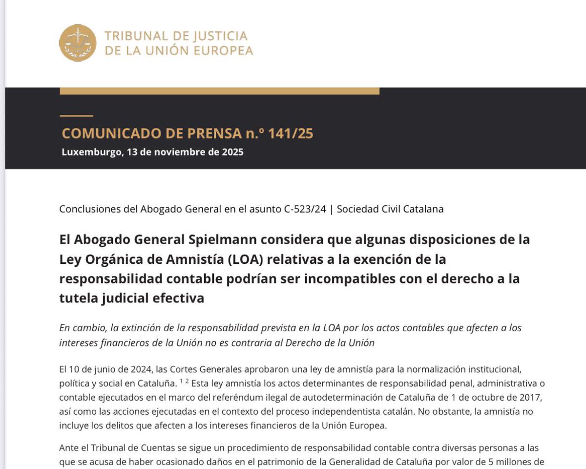 🚨 La ley de amnistía choca con los principios del Derecho de la Unión. Lo habíamos advertido. 

La Ley de Amnistía afecta a garantías básicas, interfiere en la labor de los tribunales y puede vulnerar principios fundamentales del Derecho de la Unión.

El Abogado General