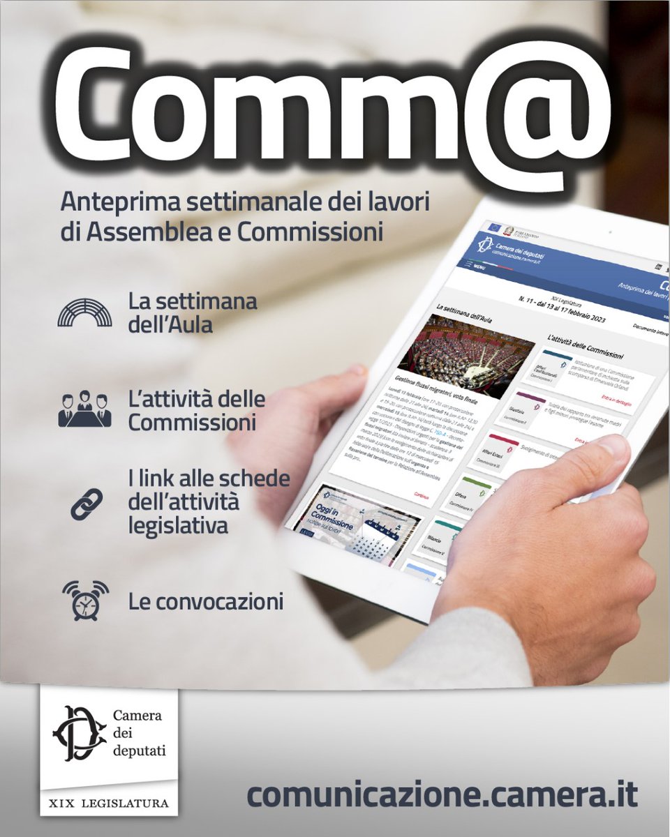 Montecitorio's tweet image. L&apos;anticipazione dei lavori della prossima settimana in Assemblea e nelle Commissioni nell&apos;anteprima #Comma: comunicazione.camera

#OpenCamera