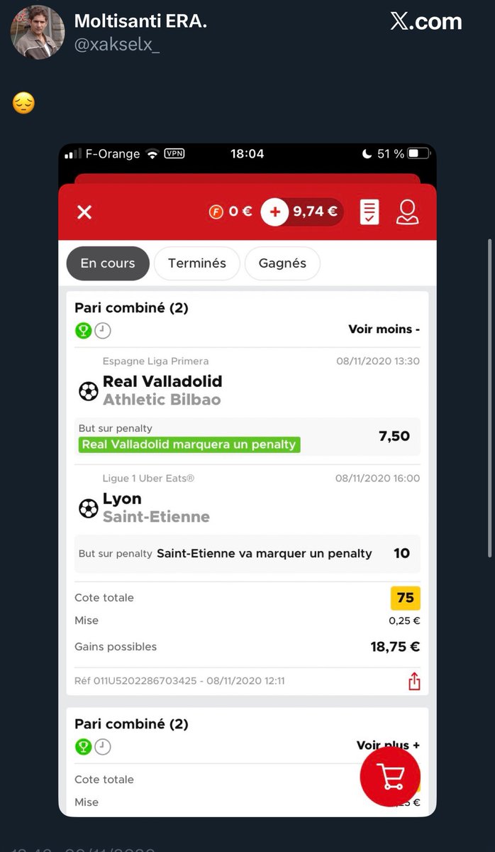 - 9€74 de solde sur Betclic 
- Même pas 3 barre de connexion wi-fi à la maison 
- Un tweet sous Android 5.7 après avoir perdu 25 cents. « 😔 »

Wesh…. 💀💀💀