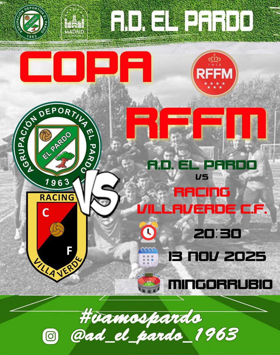 Os recordamos que esta tarde, a las 20:30h., el equipo sénior A de la <a href="/AD_El_Pardo/">AD El Pardo</a> juega la primera ronda de la Copa Aficionados de la Real Federación de Fútbol de Madrid <a href="/RFFM_oficial/">RFFM</a> contra el Racing Villaverde. ¡Vamos todos a #Mingorrubio a animar! elpardo.net/2025/05/26/sen…