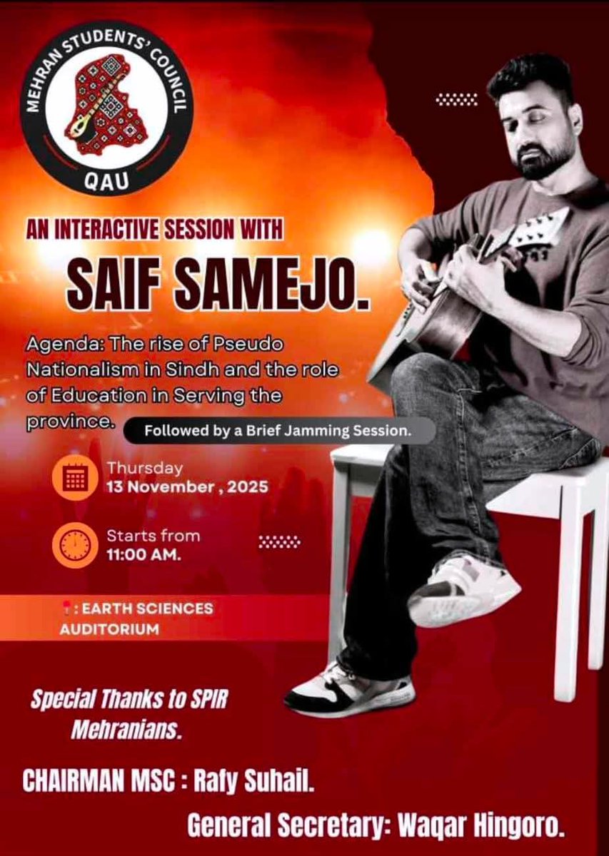 Saif Samejhowho recently spoke against Sindhi nationalism and the enforced disappearance of Ghani Aman and Sarmand Mirani, has now been invited by the Mehran Students Council at Quaid-e-Azam University, Islamabad to speak at a program on Pseudo Nationalism 
#SaifSamejho