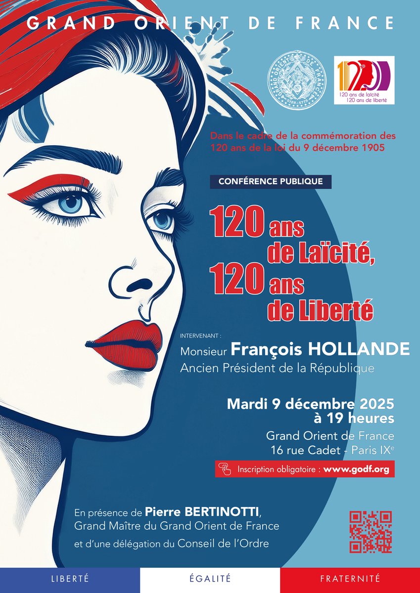 120 ans de Laïcité, 120 ans de Liberté.
Conférence publique mardi 9 décembre 2025 à 19h à Paris, avec Monsieur François HOLLANDE, ancien Président de la République et en présence de <a href="/BertinottiPier2/">Bertinotti Pierre</a>, Grand Maître du <a href="/GODFOfficiel/">GODF (Officiel)</a>.
➡️ Infos et inscription : godf.org/conference-pub…