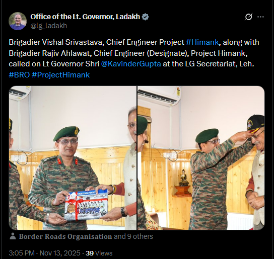 GreaterKashmir's tweet photo. Brigadier Vishal Srivastava, Chief Engineer Project #Himank, along with Brigadier Rajiv Ahlawat, Chief Engineer (Designate), Project Himank, called on Lt Governor Shri @KavinderGupta at the LG Secretariat, Leh: @lg_ladakh

#BRO #ProjectHimank https://t.co/sOFjl8cBhi