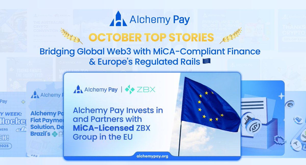 AlchemyPay's tweet image. 🌟 #AlchemyPay October Top Stories Review 🌟

🇪🇺 We formed an exclusive strategic partnership with MiCA-licensed ZBX Group in the EU!
💳 Delivering fully compliant on &amp;amp; off-ramp solutions with Visa, Mastercard &amp;amp; local bank rails
🔍 Actively pursuing our own MiCA license to…