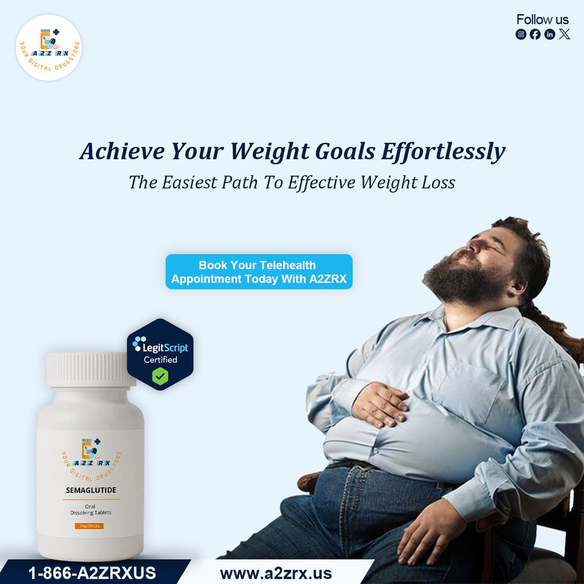 a2zrxus's tweet photo. Achieve your weight goals effortlessly!
Try SEMAGLUTIDE Oral Dissolving Tablets — the easiest path to effective weight loss.
.
Book your Telehealth appointment today with A2ZRX!
.
#A2ZRX #WeightLossMadeEasy #Semaglutide #HealthyYou #TelehealthCare #WeightGoals #EffortlessResults https://t.co/SopcEVz5wB