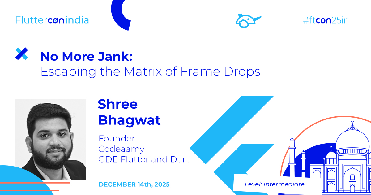 FlutterconWorld's tweet image. Warning: Attending @shreebhagwat94&apos;s #ftcon25in talk may cause extreme inspiration! 🚨 In this #FlutterDev session, learn how to fix #jank for good– how #Flutter renders frames &amp;amp; how to stop lag, drops, &amp;amp; stutters in real apps.  Grab your ticket now! india.fluttercon.dev/speakers/shree…