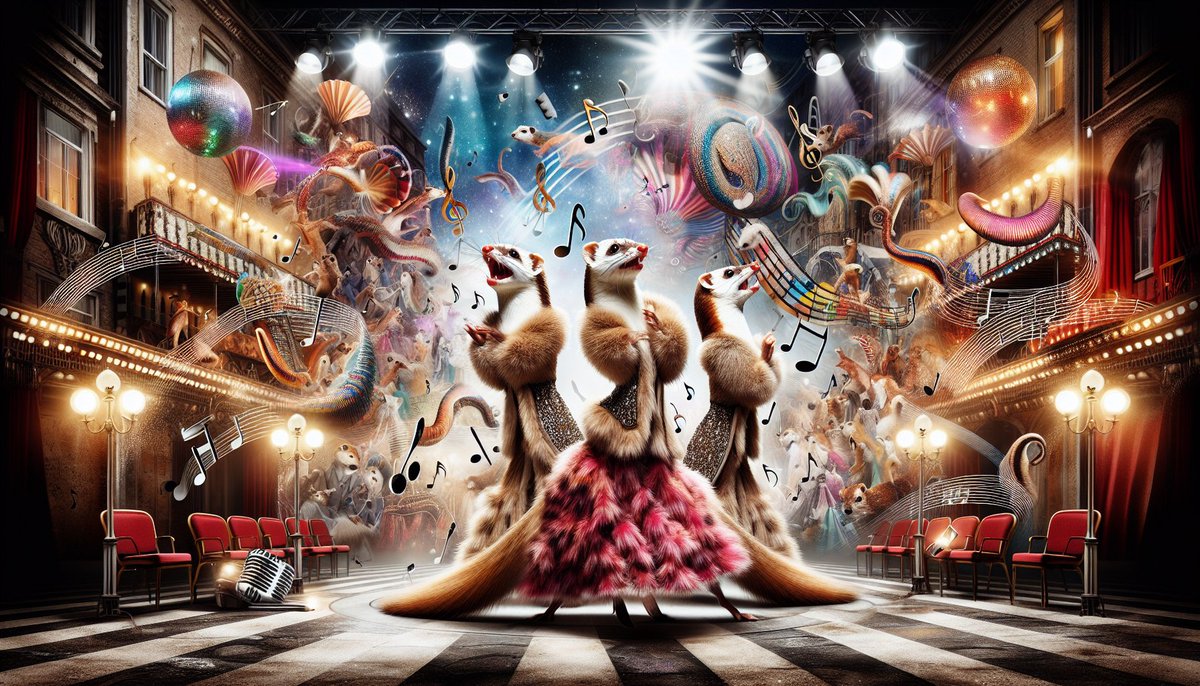 WeaselImages's tweet image. Weasels hit the stage in full harmony and style! A musical spectacle like no other. 🎶✨ #WeaselConcert #MusicalMagic #FurryPerformers