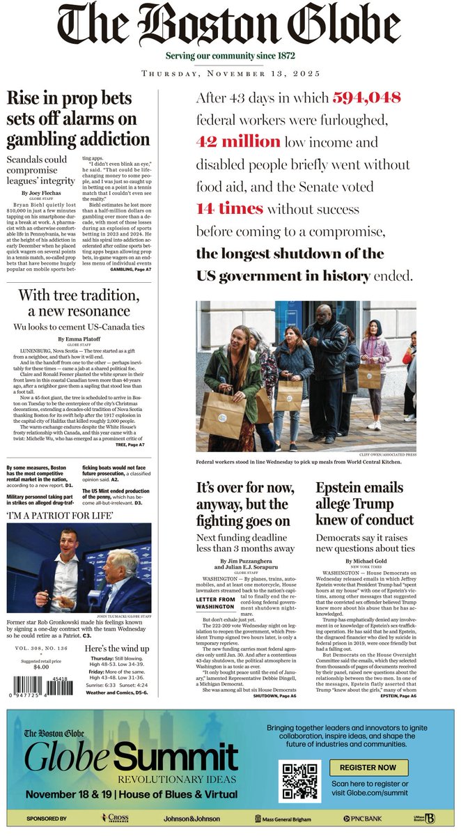 BostonGlobe's tweet photo. In today's paper: In Nova Scotia, Mayor Michelle Wu receives the ‘Tree for Boston,’ and a warm Canadian embrace; ‘Impossible to have faith in the competition’: Prop bets at center of sports wagering scandals; and more. https://t.co/OefFPvlZBT https://t.co/FB1gchsD91