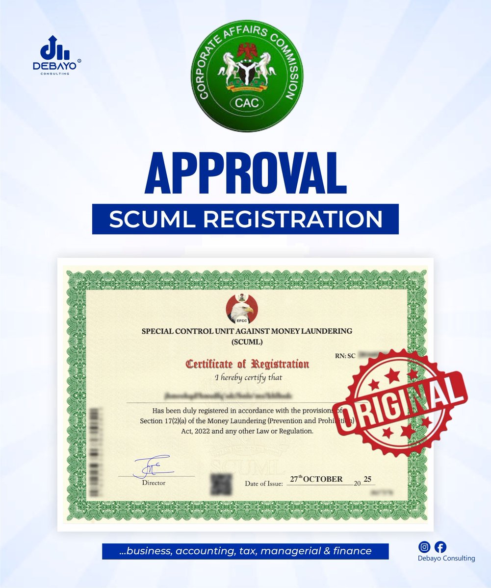 Dbay_Consulting's tweet image. Another milestone achieved for our client.

At Debayo Consulting, we successfully guided a business through the SCUML registration process, ensuring full compliance with regulatory requirements.

#DebayoConsulting #SCUML #BusinessCompliance #RegulatoryServices #SMEDevelopment