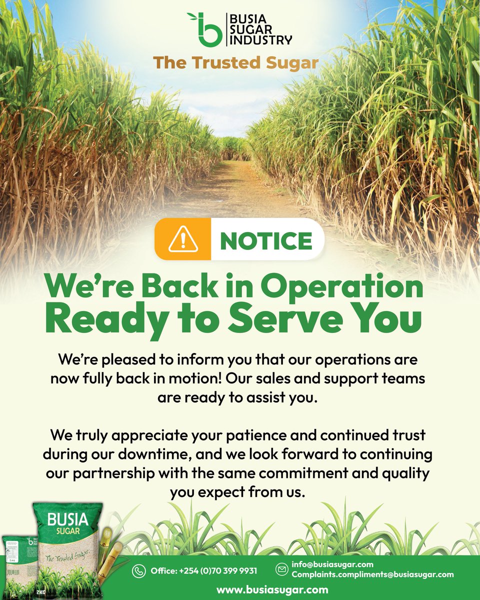 We’re pleased to announce that #BusiaSugar is now in operation — marking a new chapter of growth and opportunity for our farmers, employees, and community. #KenyaIndustry  #BusiaRising #MadeInKenya #busia