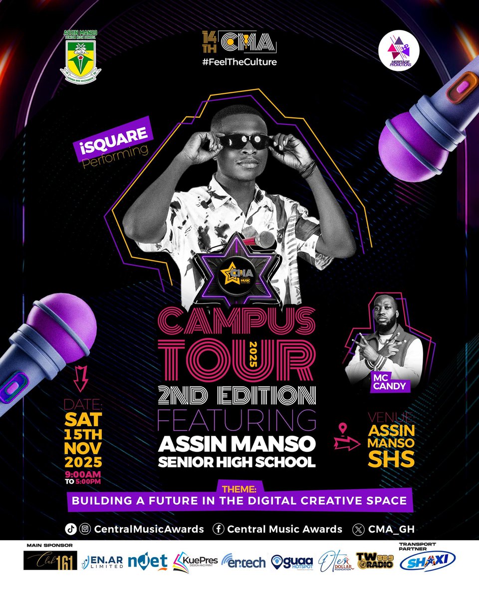 🚀 #The14thCMA Campus Tour 2025 makes its next stop at Assin Manso Senior High School this Saturday, 15th November 2025! 🎉

Under the theme “Building a Future in the Digital Creative Space,” the event will inspire students to explore opportunities