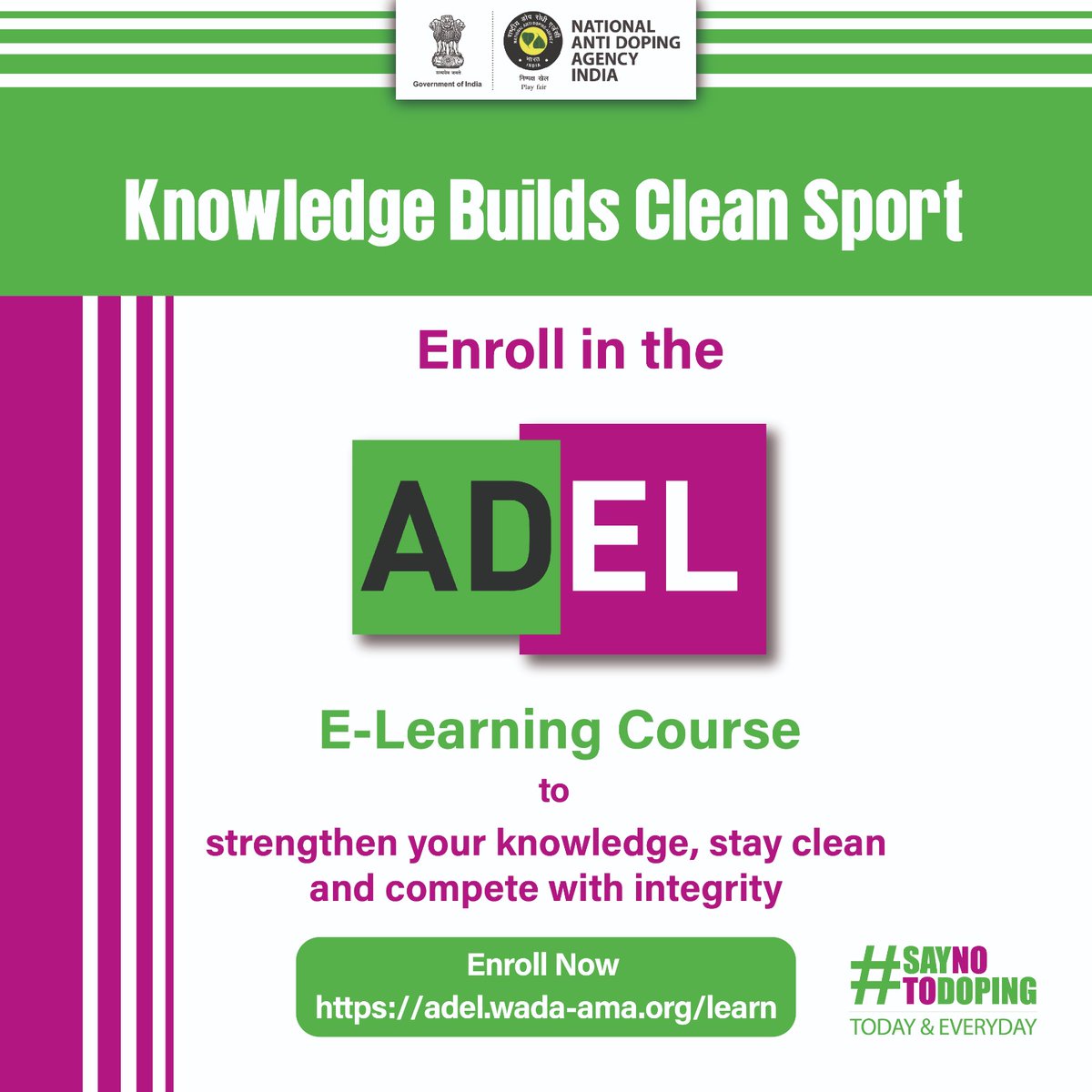 Fair Play Begins with Knowledge!
Enhance your understanding of integrity, respect, and anti-doping principles through ADeL — the global e-learning platform aligned with the World Anti-Doping Code.
Learn with purpose. Compete with honour. Play clean.

Enroll now at: