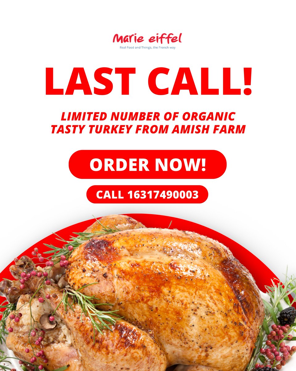 marieeiffel's tweet image. 🦃 LAST CALL — THURSDAY BY NOON!
No need to stress in the kitchen — we’ve got your turkey covered! Juicy, flavorful, and ready to serve.
📞 Call 16317490003 to grab yours before they fly off the table!
#MarieEiffel #ThanksgivingFeast #ShelterIsland #HolidayReady #TurkeyTime