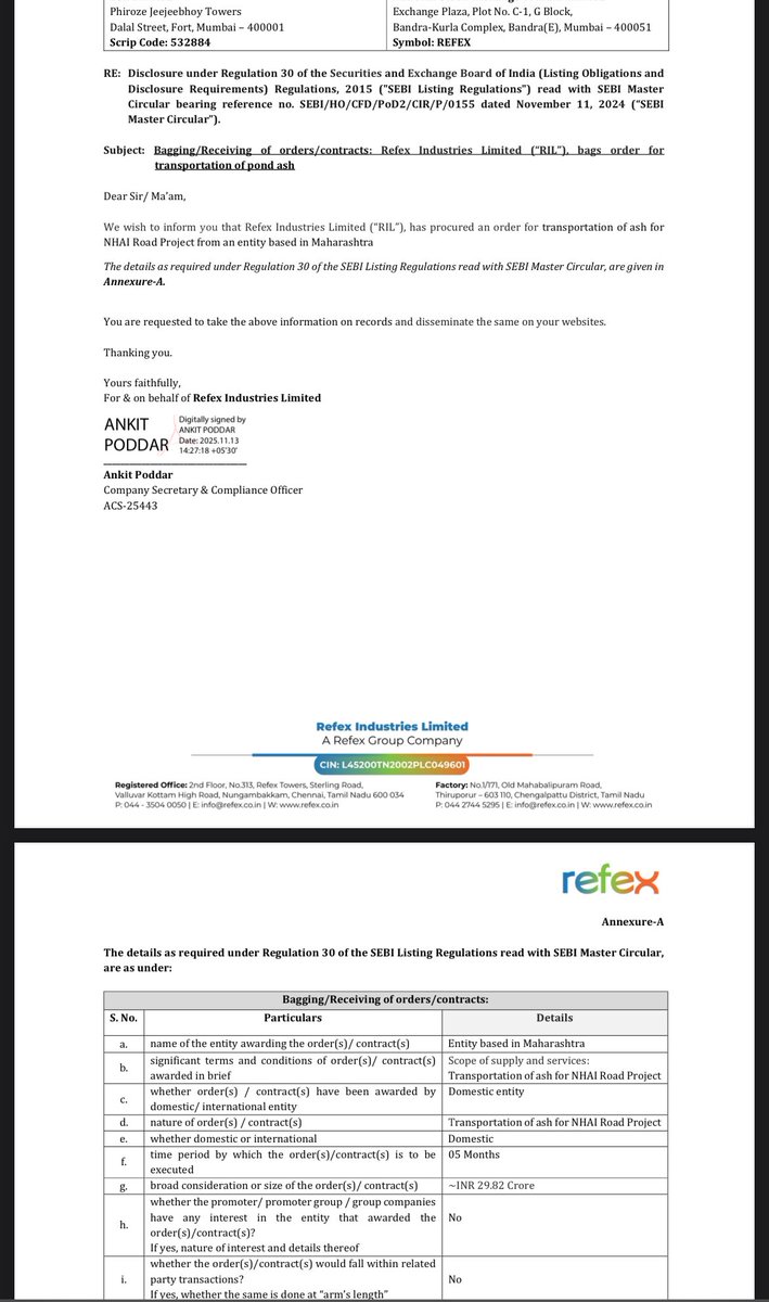 Vivek_Ruparel's tweet image. #ORDER #REFEX

Bagging/Receiving of orders/contracts: Refex Industries Limited (“RIL”), bags order for transportation of pond ash