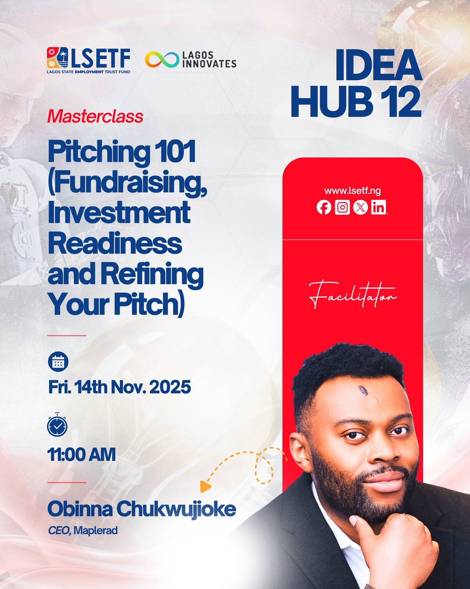 LSETF's tweet image. Flawless pitch = Secured funding. 💰 PITCHING 101 is this Friday with Maplerad’s CEO.

 Get the CEO secrets to:
1Investment Readiness
2Pitch Structure
3Max Impact Delivery 

📆Fri, 14 Nov | 11 AM. 

Join Waitlist now: forms.office.com/r/SN7LxPU9mr

#LSETF #LagosInnovates #Pitch