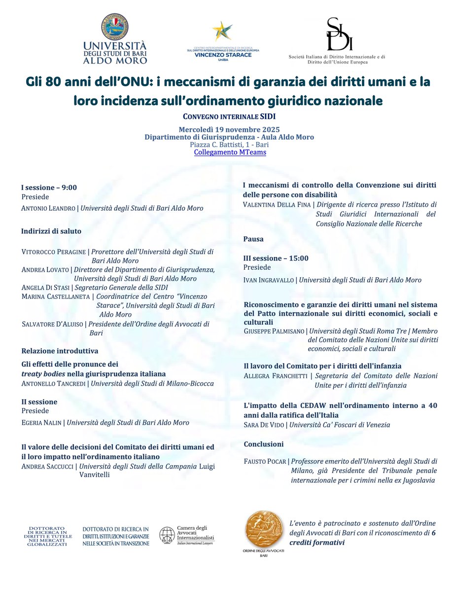 “Gli 80 anni dell’ONU: i meccanismi di garanzia dei diritti umani e la loro incidenza sull’ordinamento giuridico nazionale”: vi aspettiamo il 19 novembre a Bari o su TEAMS
