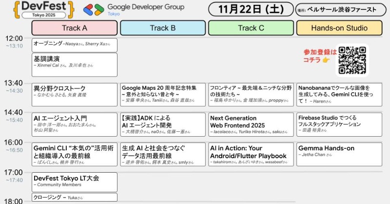 gdgtokyo's tweet photo. Google Developer Group Tokyo 主催・開発者のための祭典 DevFest Tokyo 2025
📅 DevFest Tokyo 2025｜タイムテーブル公開！
11/22(土) 渋谷ベルサールで開催。
AI・Cloud・Flutter・Google Maps など、Google技術を1日で学べる！