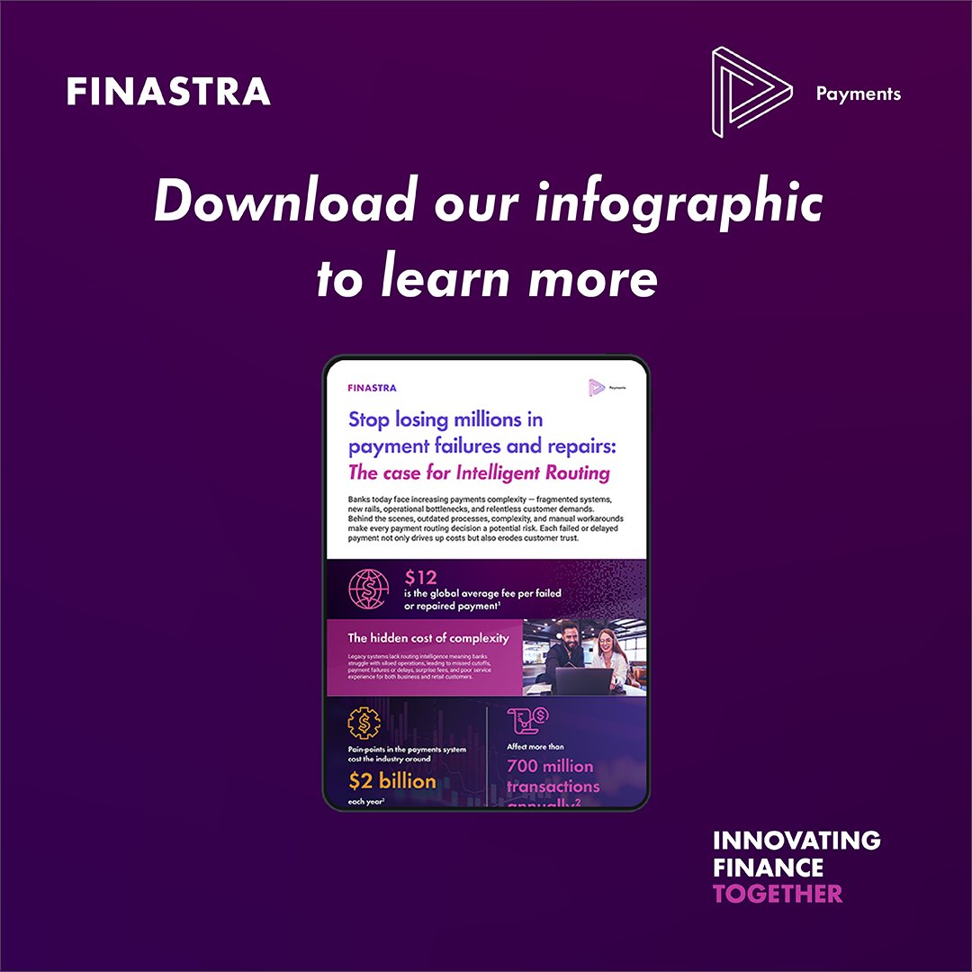 FinastraFS's tweet image. Download our infographic to see how Finastra&apos;s Intelligent Routing helps banks avoid payment failures by enabling reliable, precise, and faster transactions: okt.to/lh2KzZ

#FinastraPayments #IntelligentRouting #PaymentsModernization #FintechInnovation