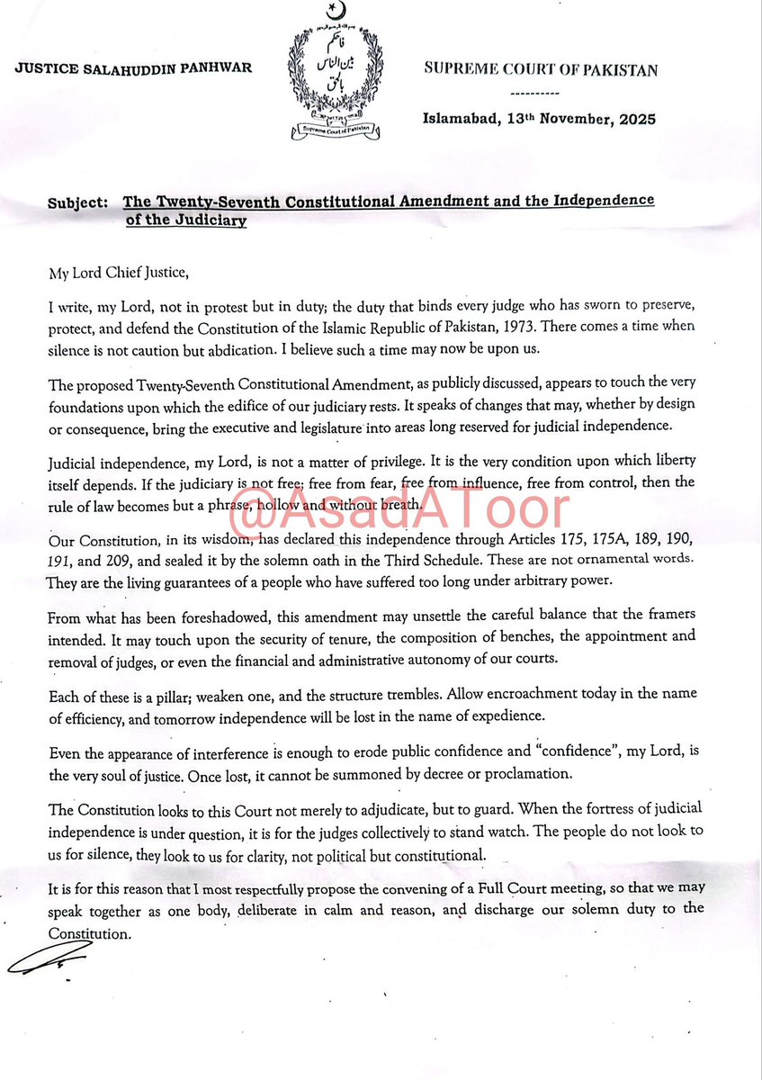 AsadAToor's tweet image. 🚨🚨#BREAKING: Another #SupremeCourt judge speaks out against #27thAmendment in a letter to Chief justice, #JusticeSalahuddinPanhwar in an explosive letter urges Chief Justice #YahyaAfridi “Judicial independence, my Lord, is not a matter of privilege. It is the very condition…