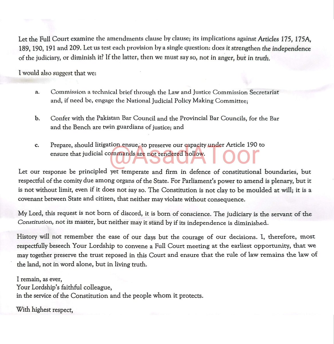 AsadAToor's tweet image. 🚨🚨#BREAKING: Another #SupremeCourt judge speaks out against #27thAmendment in a letter to Chief justice, #JusticeSalahuddinPanhwar in an explosive letter urges Chief Justice #YahyaAfridi “Judicial independence, my Lord, is not a matter of privilege. It is the very condition…
