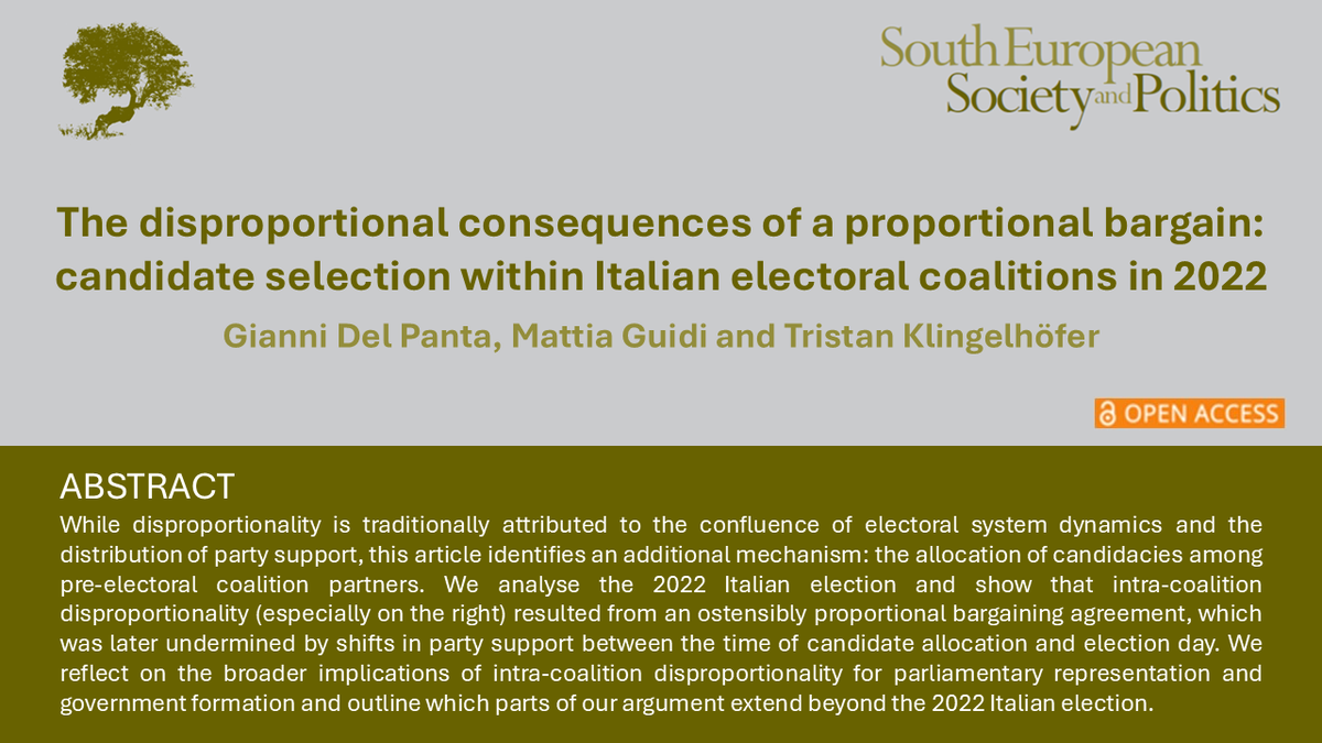 📢NEW ARTICLE!📢 🇮🇹🔓
The disproportional consequences of a proportional bargain: candidate selection within Italian electoral coalitions in 2022

Read the article by Gianni Del Panta, <a href="/matguidi/">Mattia Guidi</a> and Tristan Klingelhöfer here #OpenAccess👇
tandfonline.com/doi/full/10.10…
