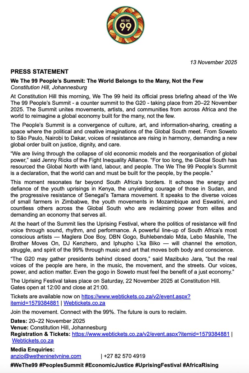 Some more detail on the exciting People's Summit - the alternative to the billionaires club known as the G20 being held later this month. <a href="/Mobilize_ZA/">Mobilize</a> <a href="/wethe99percent/">We The 99%</a> <a href="/ShareenSingh8/">Shareen Singh</a> <a href="/RediTlhabi/">Redi Tlhabi</a> <a href="/JohnPerlman/">John Perlman</a> <a href="/CathyMohlahlana/">Cathy Mohlahlana</a> <a href="/ferialhaffajee/">Ferial Haffajee</a>