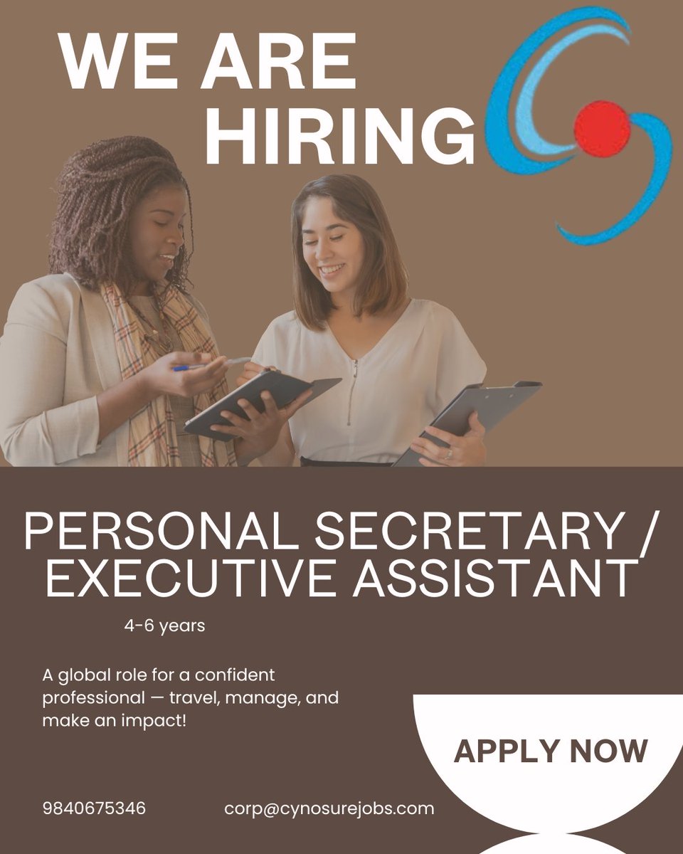 cynosurejobs's tweet image. Hello Everyone,

We are hiring a personal secretary. 
Experience: 4+ years
Location: Chennai

Apply now: zurl.co/al2W9 
Email: corp@cynosurejobs.com
Contact: 9840675346 

#ExecutiveAssistance #TravelCoordination #InternationalLiaison #cynosurecorporatesolutions #jobs