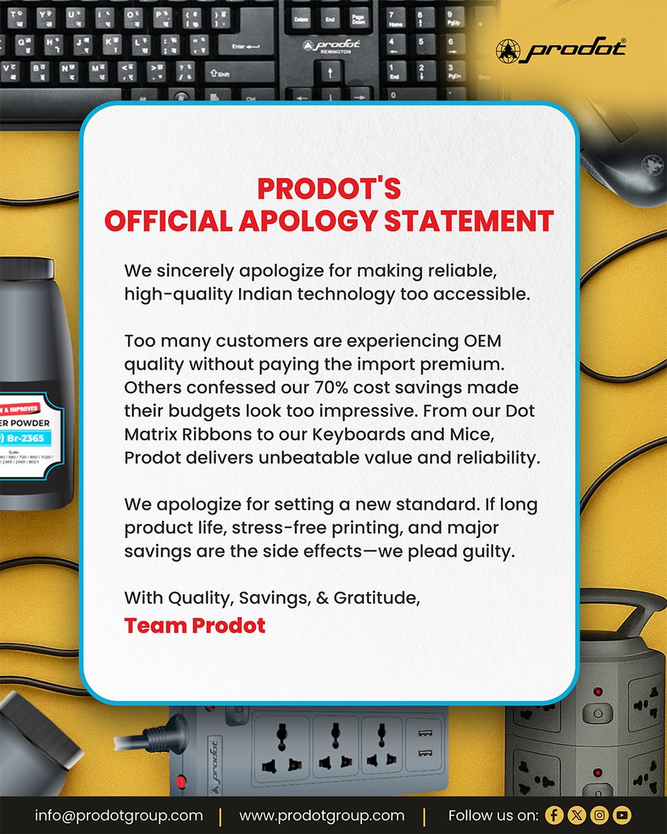 ProDotGroup's tweet image. Our bad. We made OEM quality too cheap. 🤷‍♂️

Prodot Accessories and Refills save you up to 70%. If that causes stress-free work, we plead guilty!

Choose the &apos;Make in India&apos; upgrade!
.
.
#Prodot #MakeInIndia #IndianAccessories #TechUpgrade #StressFreeTech