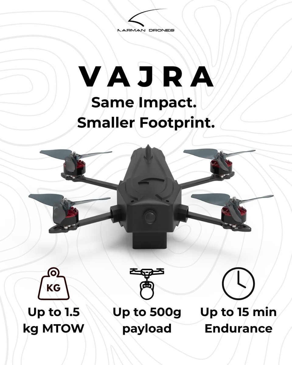 KarmanDrones's tweet photo. VAJRA — Same Impact. Smaller Footprint.
Built for close combat &amp; infrastructure neutralization, Vajra delivers precision, agility &amp; mission-ready performance.
With 1.5 kg MTOW, 500 g payload &amp; 15 min endurance, it brings maximum effect with minimal signature.

#KarmanDrones https://t.co/9G3YcUdTvB