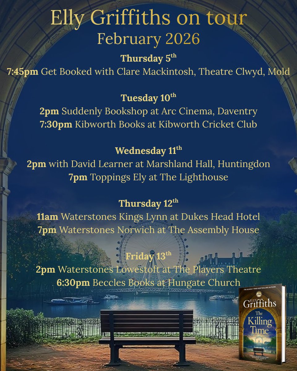 ellygriffiths's tweet photo. I’m going on tour in February 2026 to celebrate the publication of The Killing Time (Ali 2). From Mold to Nottingham and a lot of places in-between. Would be great to see some of you along the way 😊
Here’s the link to buy tickets
https://t.co/0cB3gKcgS3 https://t.co/iyKurqNvDE