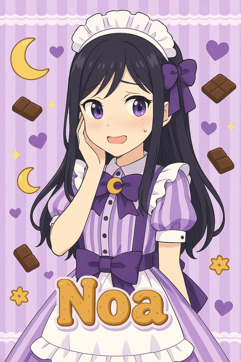 kae_fansuga's tweet photo. 💜🍫 しゅがぴゅあメイド館 ノアちゃんイラスト公開！ 🍫💜

ちょっぴり照れた表情がたまらない…
月モチーフやチョコレートがふわっと舞う、
ノアちゃんの世界観全開のビジュアルに仕上がりました🌙💫

#AIイラスト #ふぁんしゅが #ノア #メイド #アイドル #推し活 https://t.co/Qz9Wc1jBoN