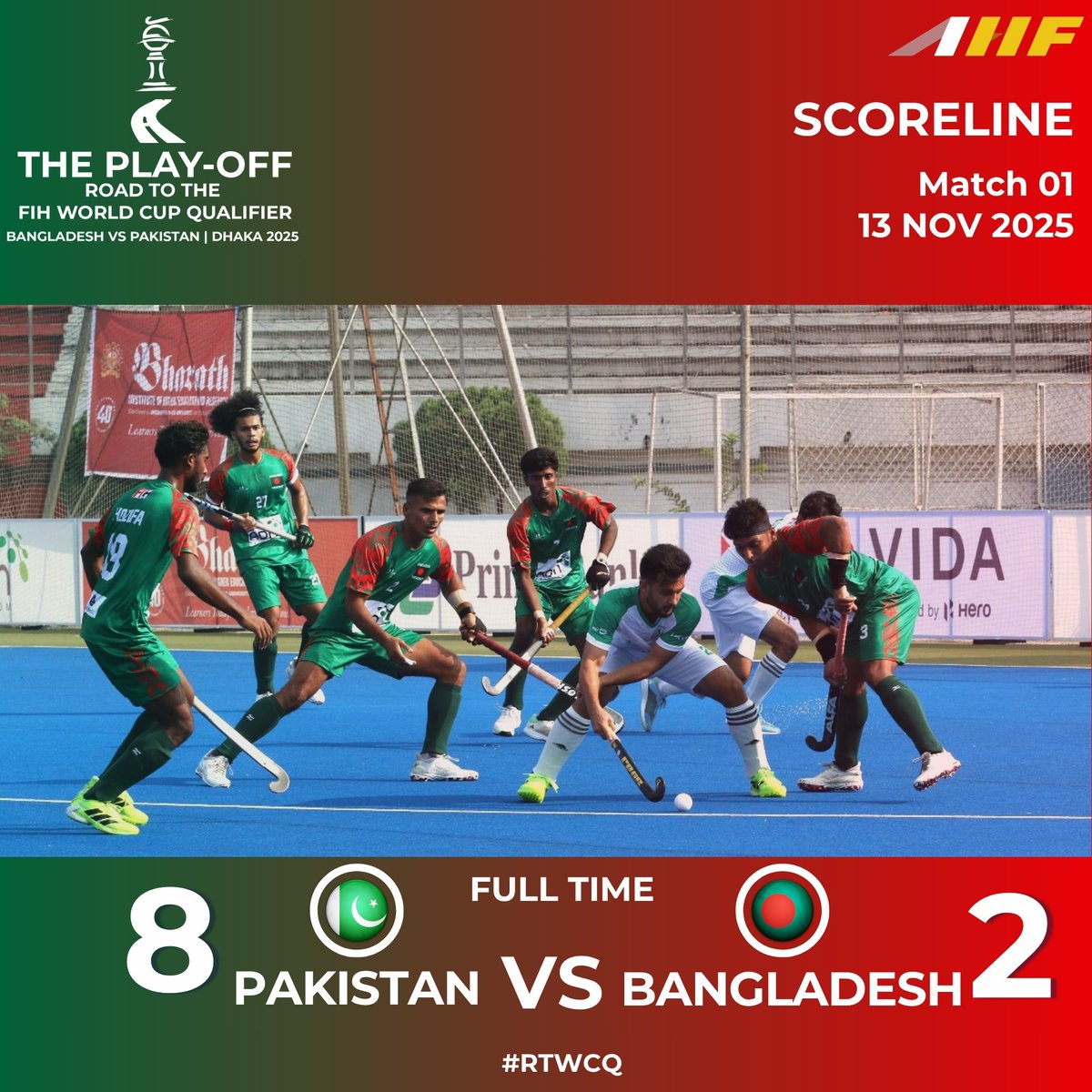 asia_hockey's tweet photo. 🕛 Full Time in Dhaka!
🇵🇰 Pakistan 8 – 2 Bangladesh 🇧🇩
A dominant performance by Pakistan in The Play-Off: Road to the FIH World Cup Qualifier 2025! 💪🏆
An exciting start to the journey toward the World Cup!
#RTWCQ #Dhaka2025 #BangladeshVsPakistan #AsianHockey #RoadToFIHWorldCup https://t.co/kkFSo3i8PM