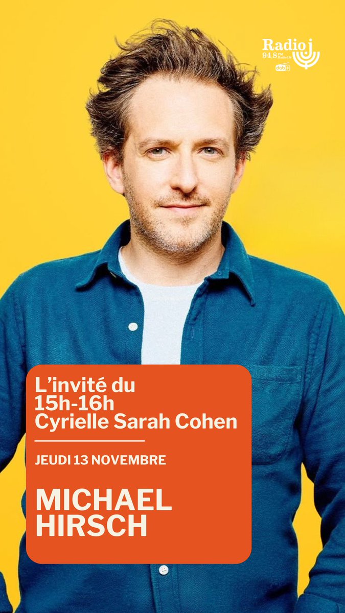 ⏰Jeudi 13 Novembre, <a href="/MHIRSCHofficiel/">Michael Hirsch</a> sera l'invité dans le 15h-16h de <a href="/CyrielleSarahCo/">Cyrielle Sarah Cohen</a>
, pour "Y'A DE LA JOIE" du 14 octobre au 30 décembre au <a href="/THEATREdlOEUVRE/">Théâtre de l'Œuvre</a>