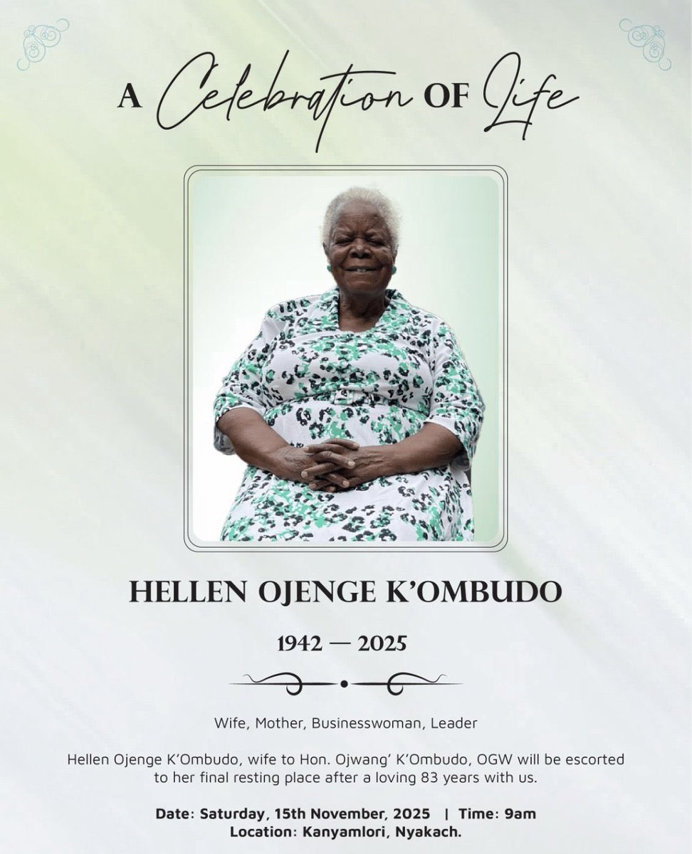 Trade_Kenya's tweet photo. The State Department extends its deepest condolences to the family, relatives and friends of the President’s Advisor on Trade Policy and Commercial Diplomacy and former Principal Secretary for Trade Mr @AlfredKOmbudo on the passing of his beloved mother, Hellen Ojenge K’Ombudo. 

A remarkable matriarch, devoted mother, businesswoman and a respected leader whose legacy  will continue to inspire and motivate many.  

Eternal Rest Grant unto Mama Hellen, O Lord and let perpetual light shine upon her. 

From Staff of the State Department and its affiliated SAGAs.