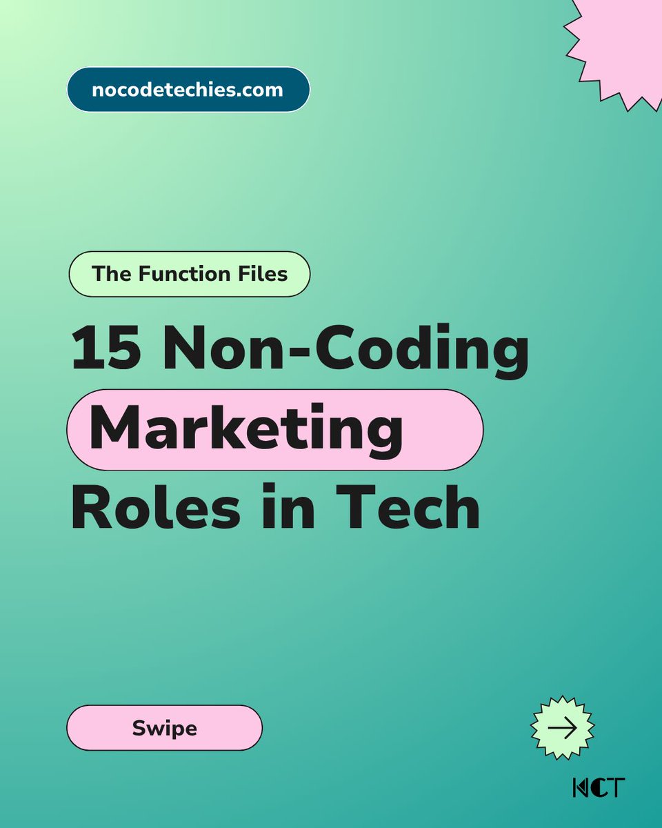 nocodetechies's tweet image. Already in marketing but thinking about pivoting into tech?

You don’t have to start from scratch (or learn to code).

Here are 15 non-coding marketing roles you can explore in tech 👇🏽

🧵

#NoCodeTechies #TheFunctionFiles #Marketing #TechCareers