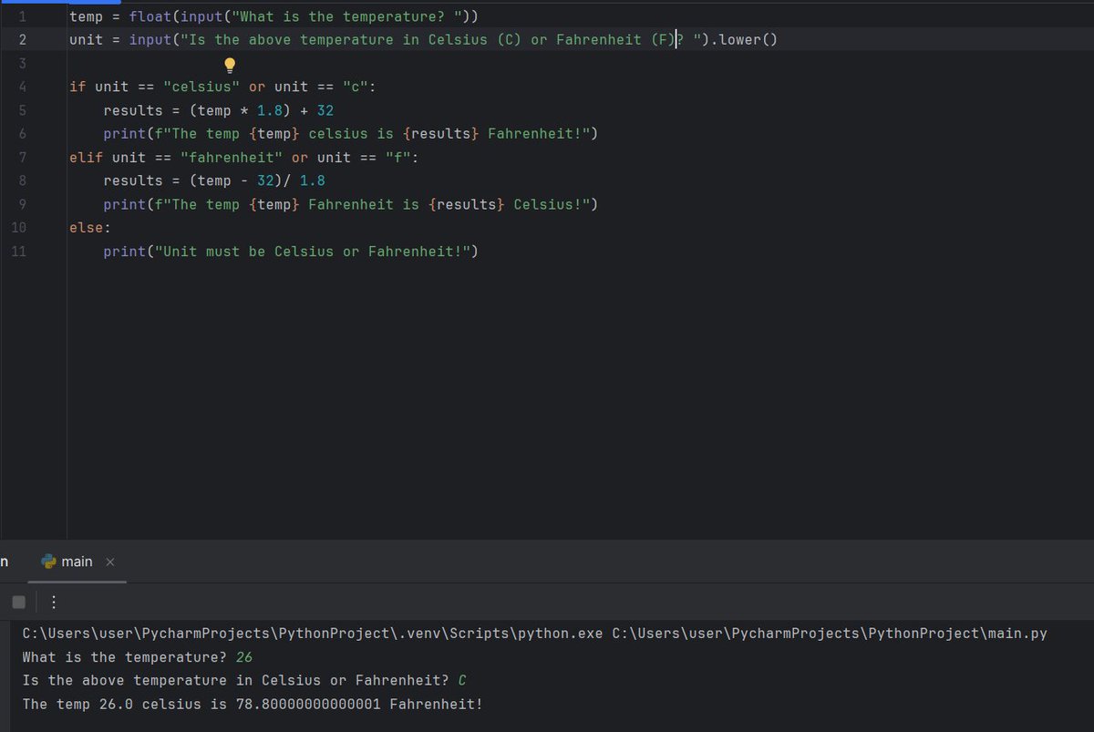 OleSuyaye's tweet image. So today, I took a simple project of converting temperature from Celsius to Fahrenheit, as a way of testing my basic python knowledge.
#pythonlearningjourney #pythonprojects #pythonprogramming #pycharm