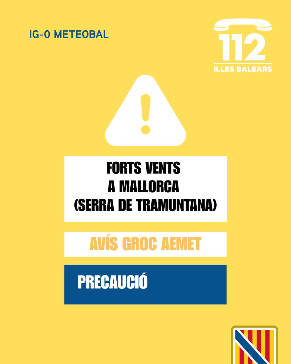 ⚠️ Activat el Pla Meteobal per meteorologia adversa 🌬️

🟡Activada l’alerta groga (IG-0 del Pla Meteobal) per forts vents🌬️a Mallorca (Serra de Tramuntana)

Us demanam precaució en les properes hores, que seguiu els nostres consells i que crideu l’112 📞 en cas de patir una