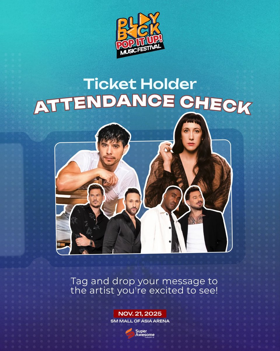 playback_fest's tweet photo. Let’s see who’s joining us at the Playback Pop It Up Music Festival! 🙋
What you're most excited to see at the concert? Join us on Nov 21, at SM Mall of Asia Arena.
Tickets at https://t.co/K2Bx04ikYC or at any SM Tickets outlets nationwide
#PlaybackMusicFestival #PopItUp https://t.co/vVS38Cy0lK