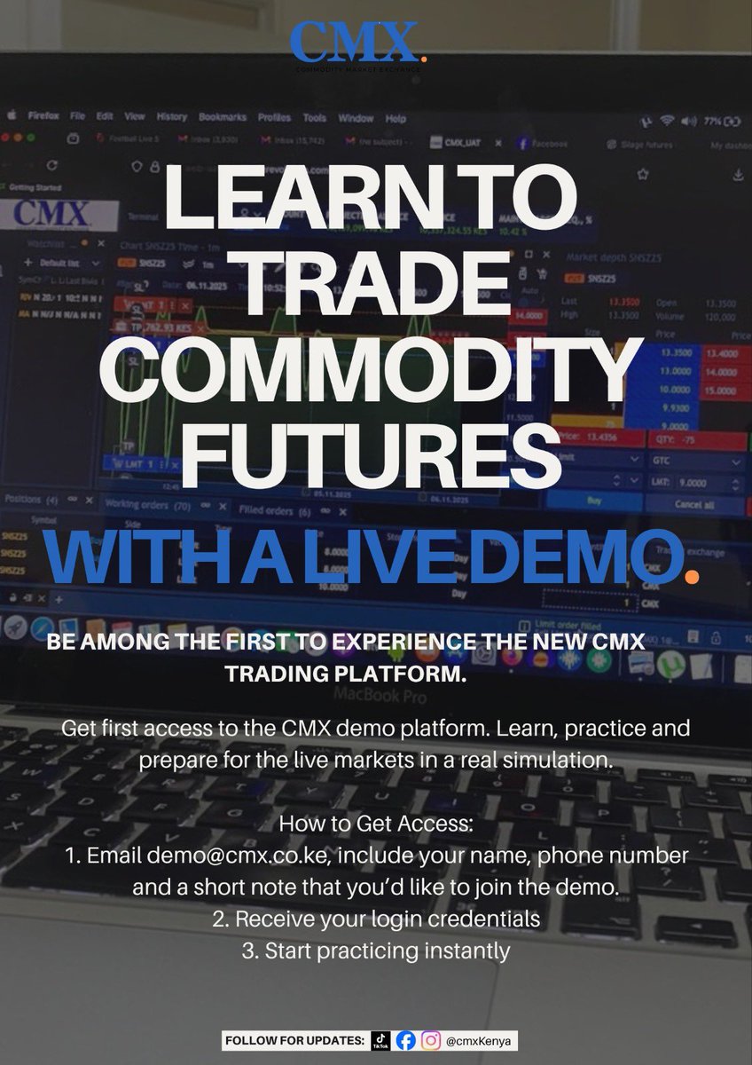 Kenyans, here’s your chance to learn how to trade commodity futures, safely and practically. Join the CMX demo and start practicing like the pros.
email us demo@cmx.co.ke
#CMXKenya  #TradingMadeSimple