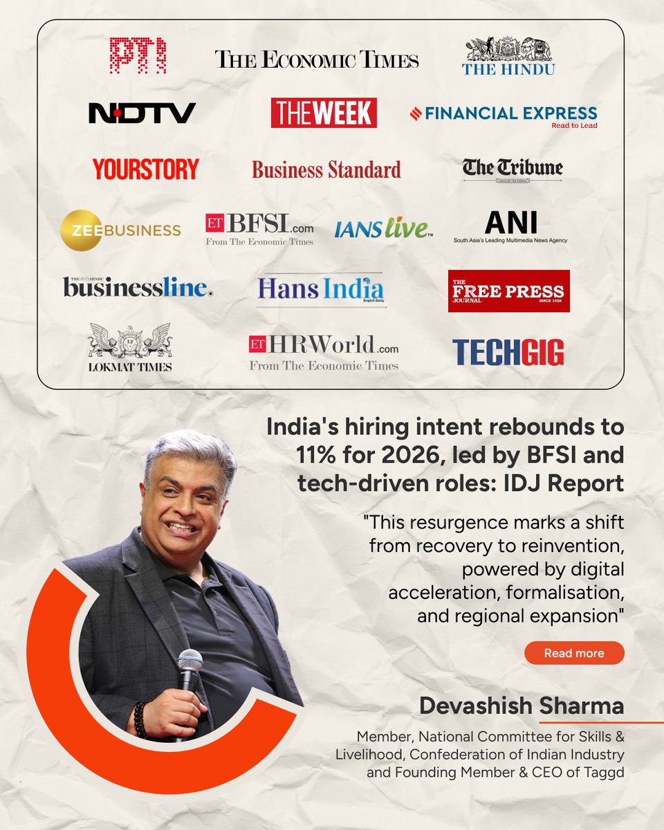 _taggd's tweet image. “2026 will be the year India’s job market shifts from recovery to reinvention.”
 
Read more about India’s workforce transformation in the India Decoding Jobs Report 2026: lnkd.in/g3fepHZc 

#DecodingJobs2026 #FuelledByTalent #FutureOfWork #SkillIndia