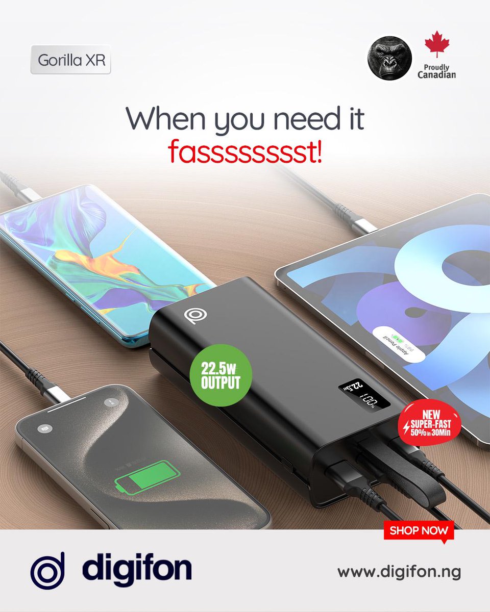 DigifonNg's tweet image. ⚡ Speed that roars!

When your devices are running low, the Gorilla XR powers them up fasssssst! 💨

With 22.5W output and super-fast charging (50% in 30 mins)
you’ll never slow down again.

Shop now, click the link in bio to buy.🛍️

#GorillaXR #digifon #PowerOnTheGo